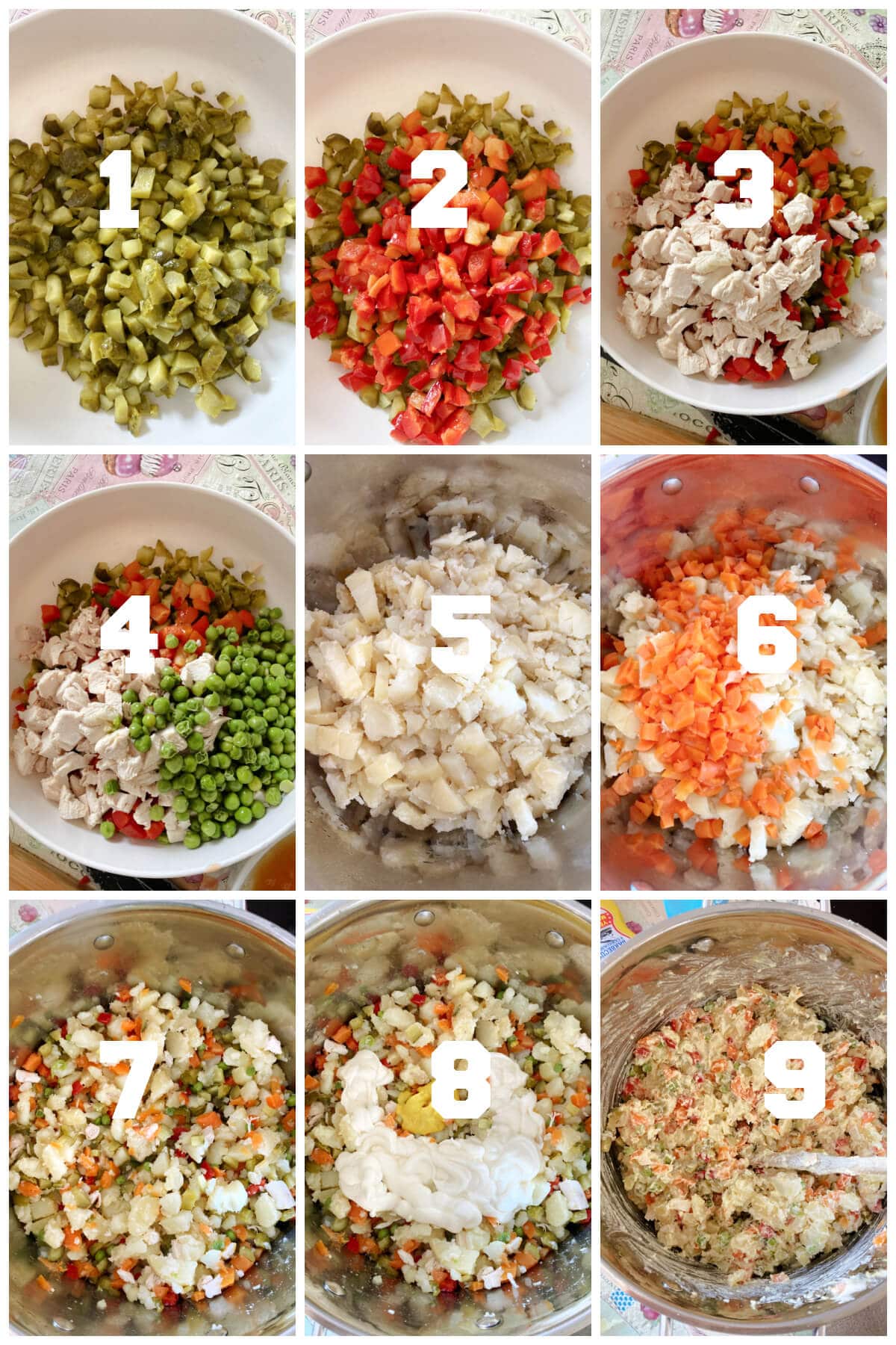 Collage of 9 photos to show how to make Russian Salad.