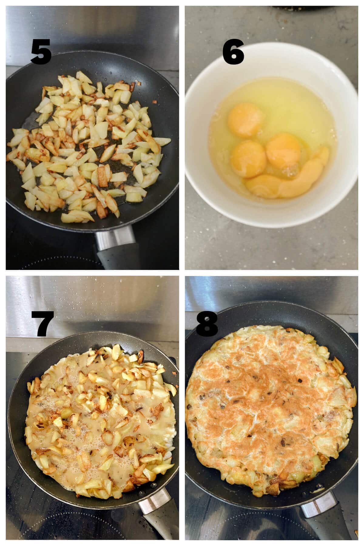 Collage of 4 photos to show how to make potato omelette
