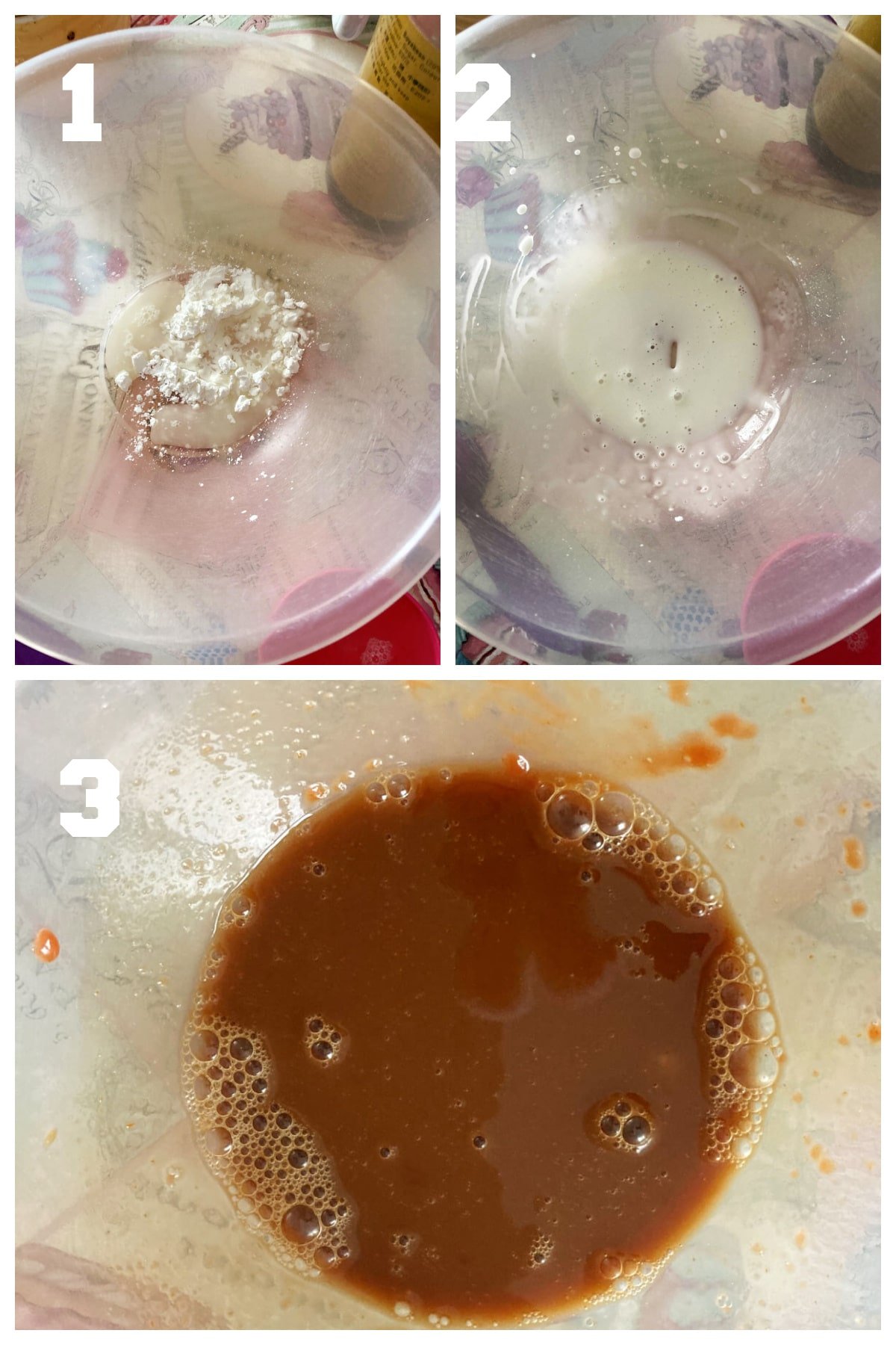 Collage of 3 photos to show how to make sweet and sour sauce.