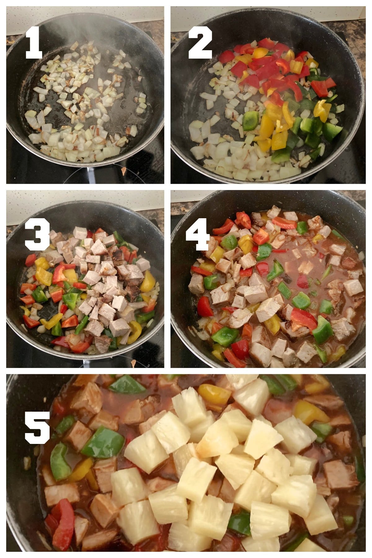 Collage of 5 photos to show how to make sweet and sour pork.