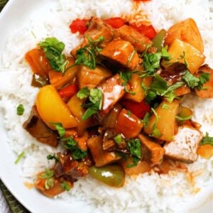 Sweet and sour pork on a bed of rice