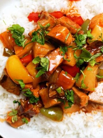 Sweet and sour pork on a bed of rice