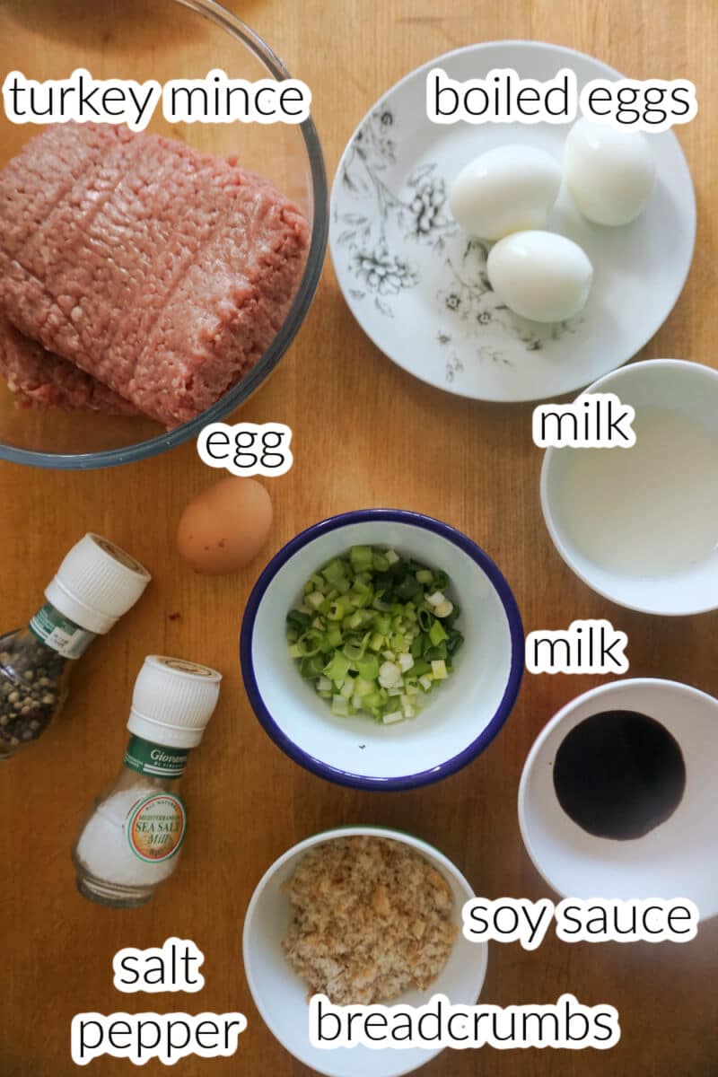 Ingredients used to make turkey meatloaf with hard boiled eggs.