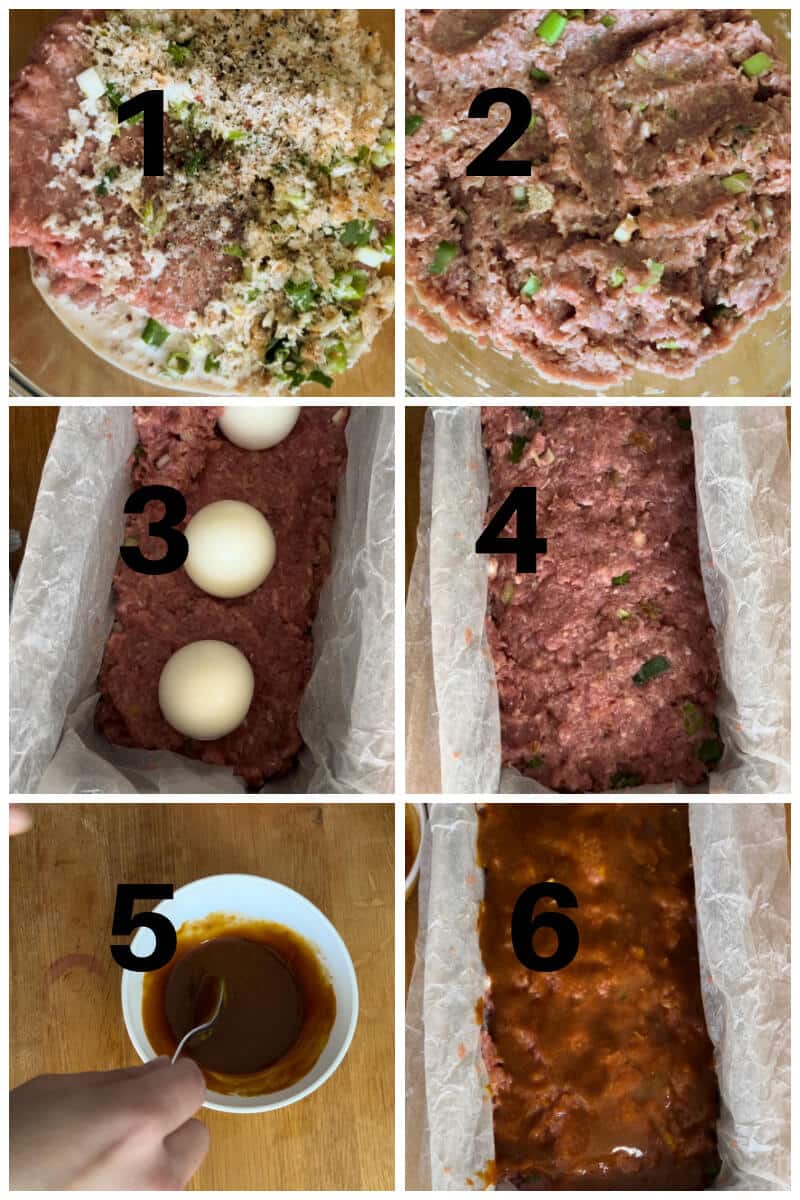 Collage of 6 photos to show how to make turkey meatloaf with hard boiled eggs.
