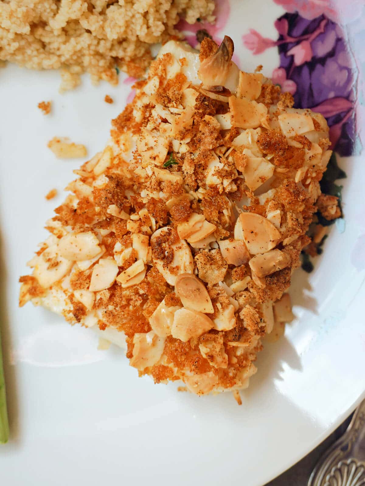 A cod fillet topped with an almond crust.