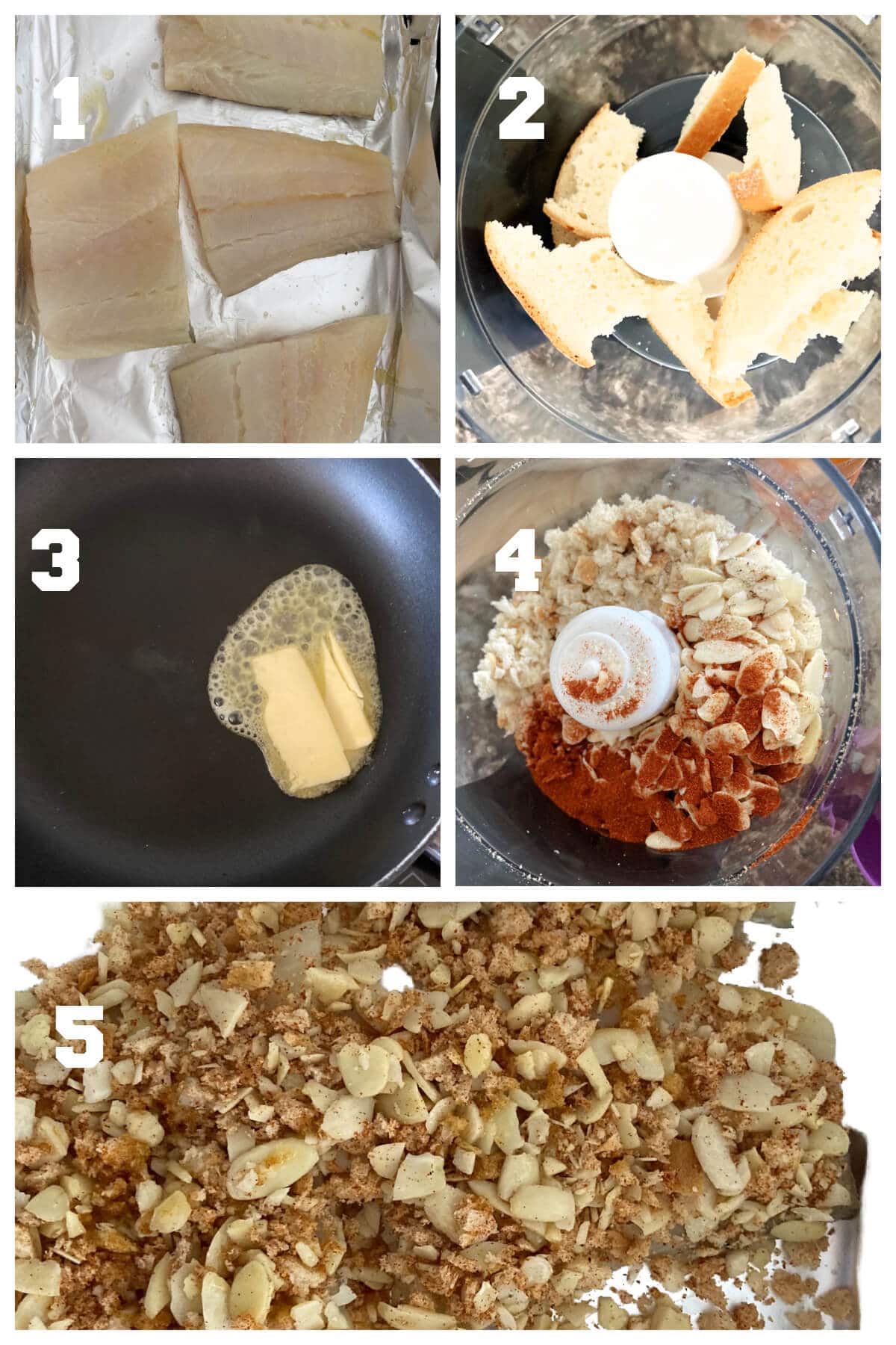 Collage of 5 photos to show how to make crusted fish.
