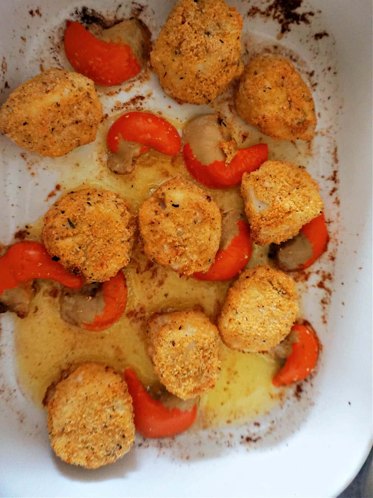 Overhead shoot of dish with breaded scampi.
