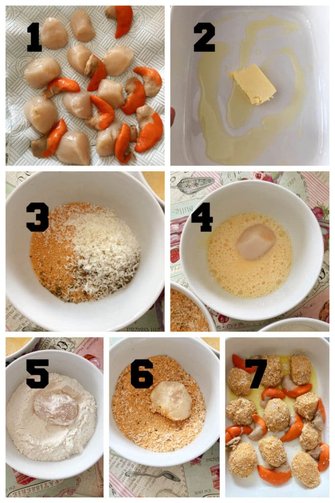 Collage of 7 photos to show how to make breaded scallops