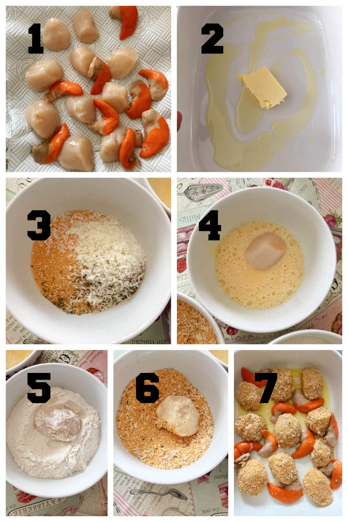 Collage of 7 photos to show how to make breaded scallops.