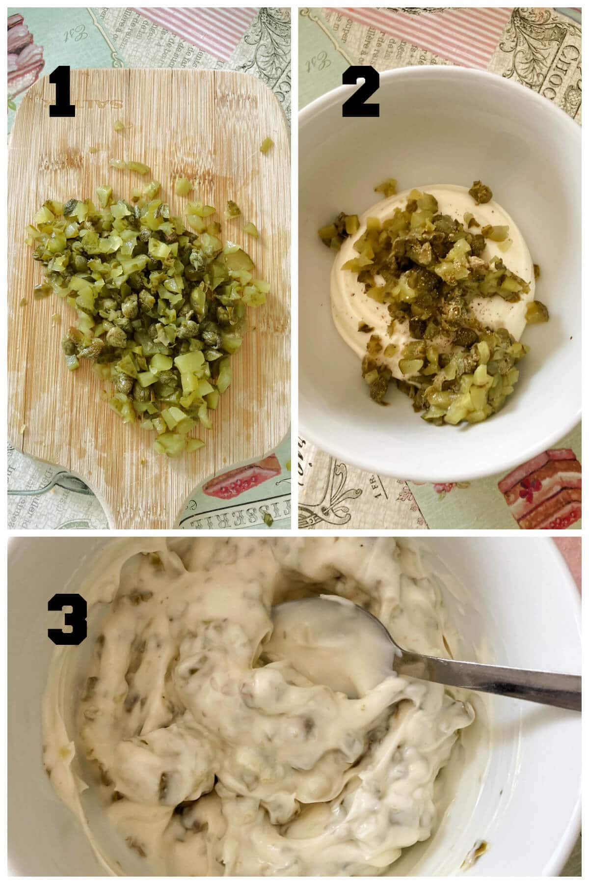 Collage of 3 photos to show how to make tartar sauce.