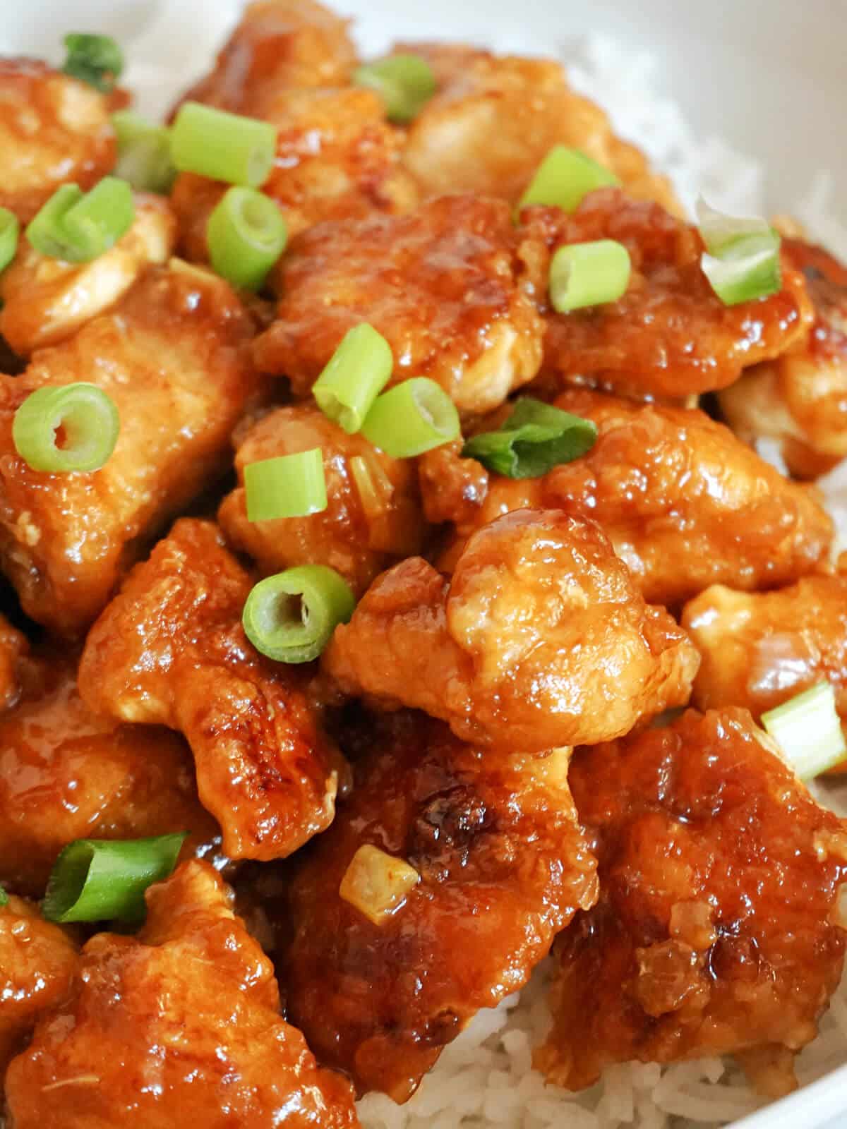 Close-up shoot of chicken pieces on a bed of rice topped with chopped spring onions.