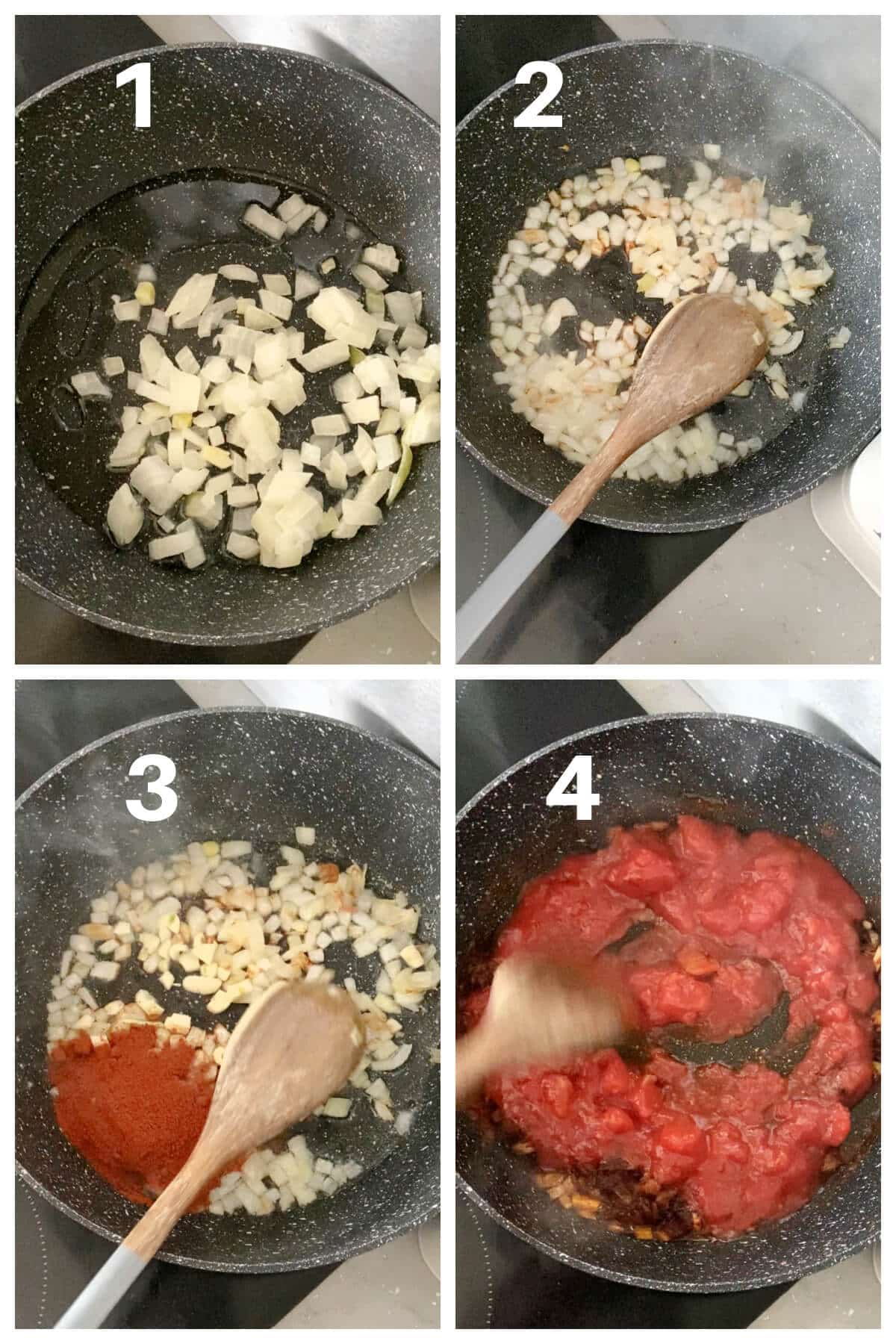 Collage of 4 photos to show how to make chicken goulash.