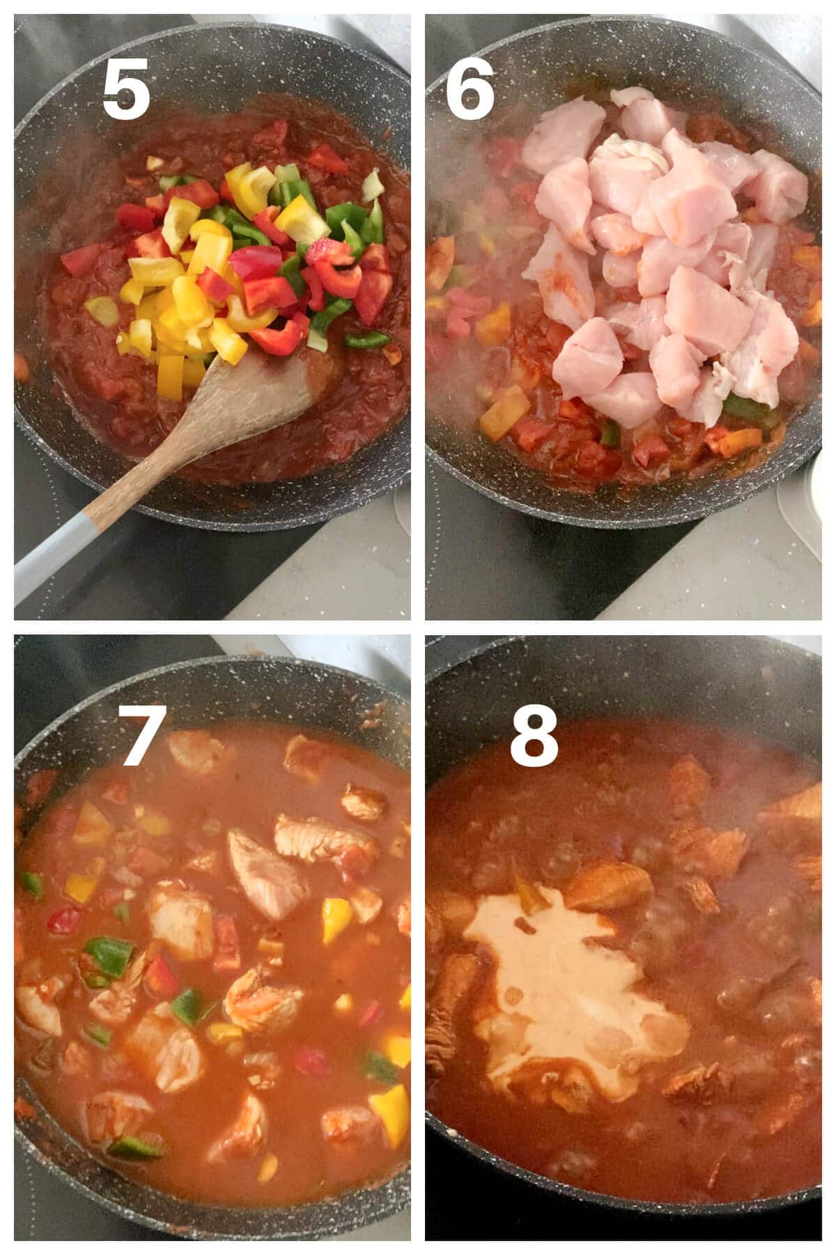 Collage of 4 photos to show how to make chicken goulash.