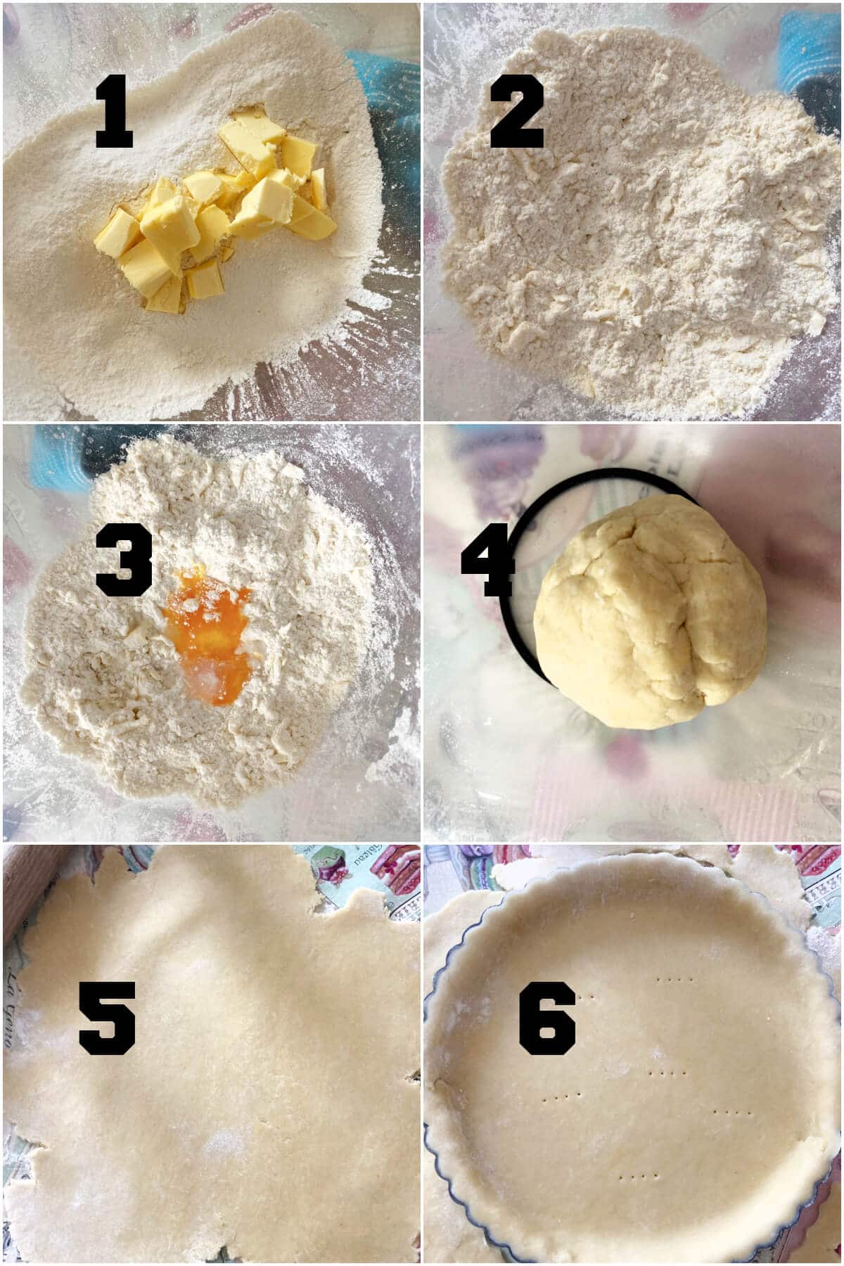 Collage of 6 photos to show how to make shortcrust pastry.