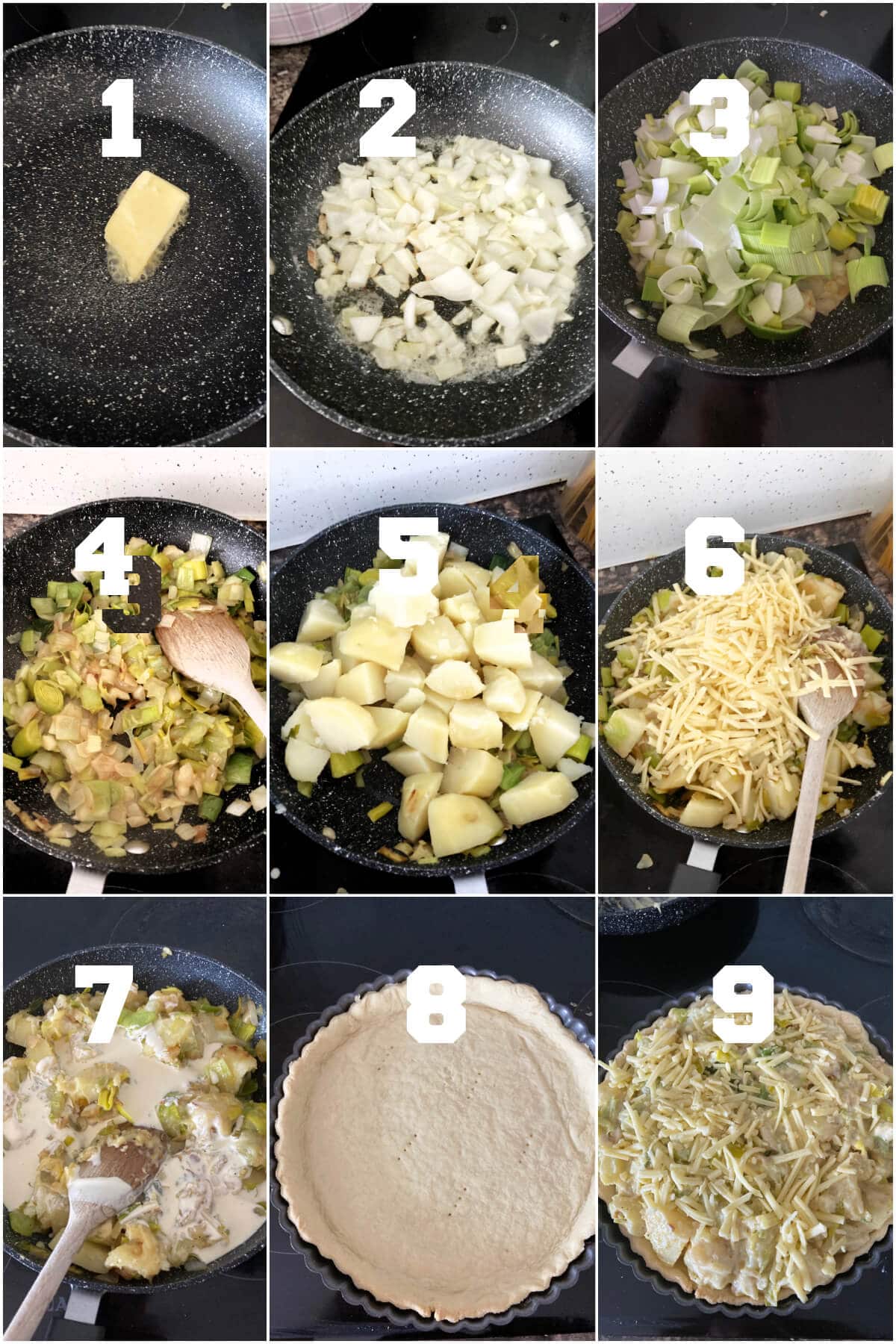 Collage of pictures to show how to make the filling for the homity pie.