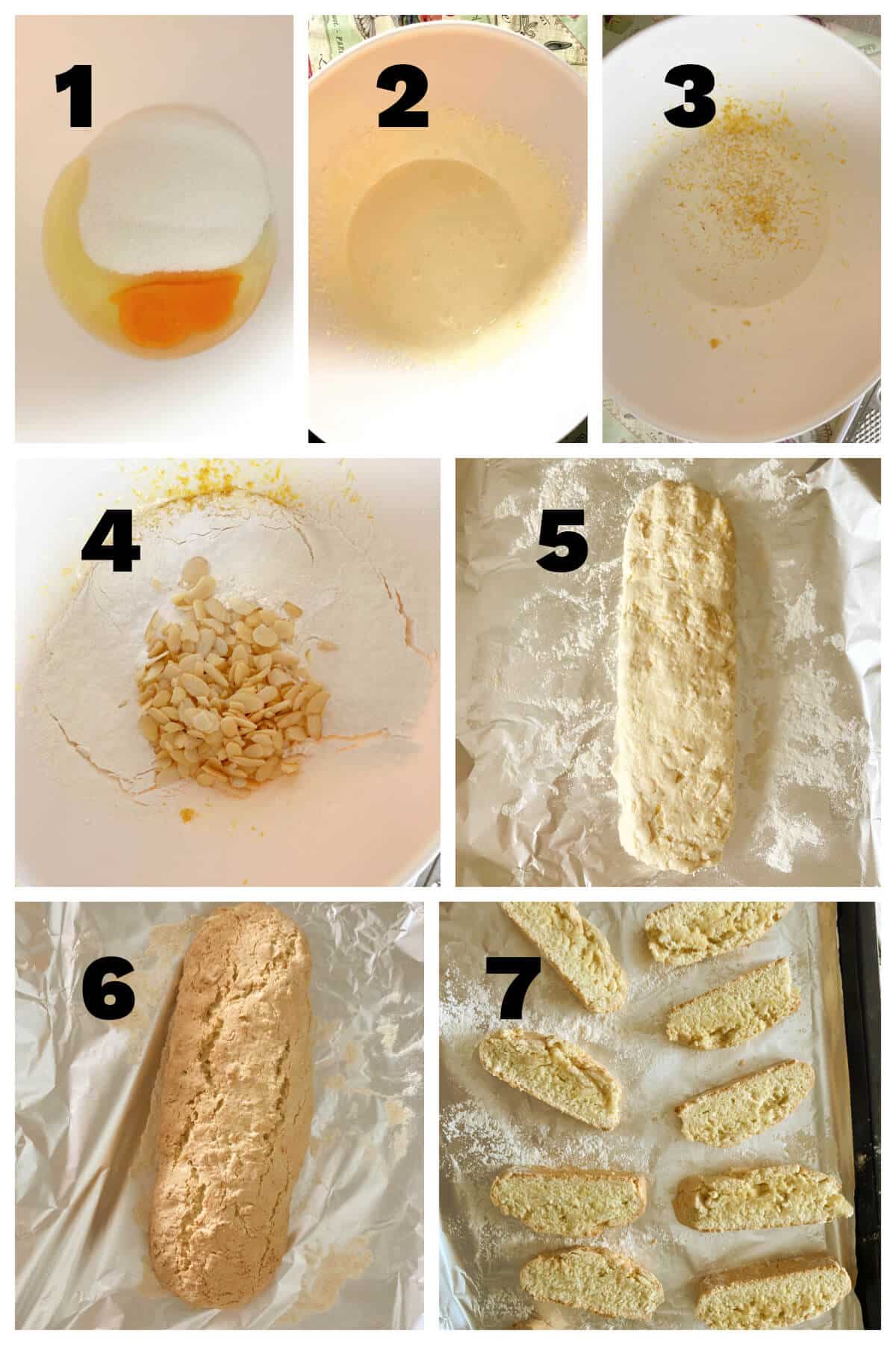 Collage of 7 photos to show how to make biscotti.