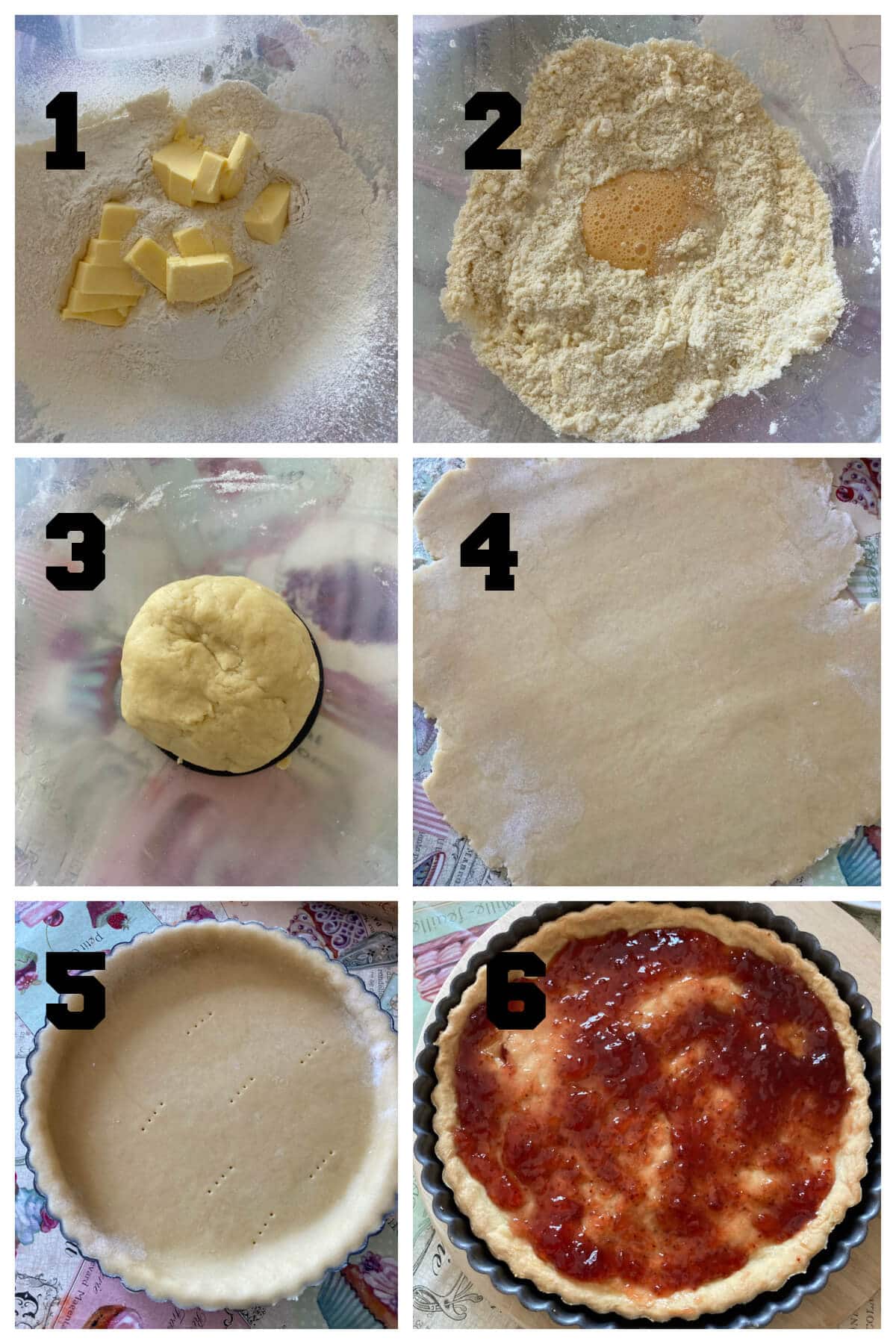 Collage of 6 photos to show how to make shortcrust pastry for Manchester tart.