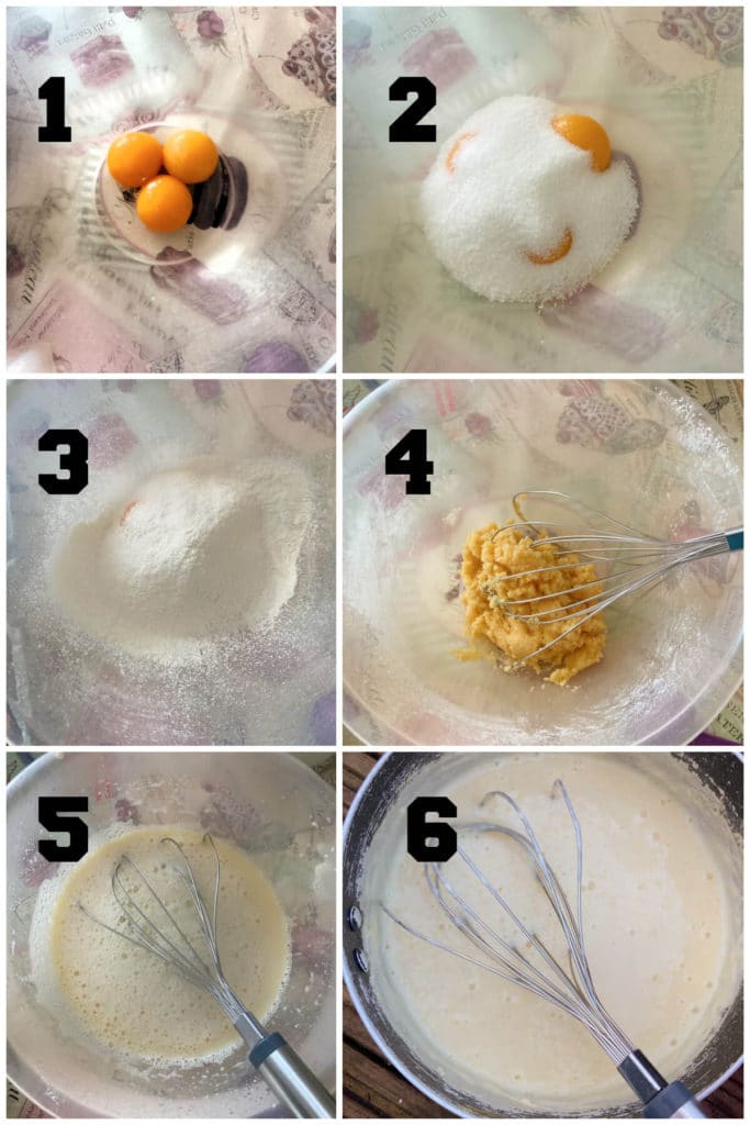 Collage of 6 photos to show how to make vanilla custard