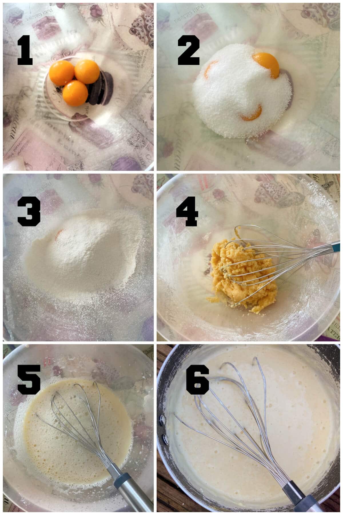 Collage of 6 photos to show how to make vanilla custard.