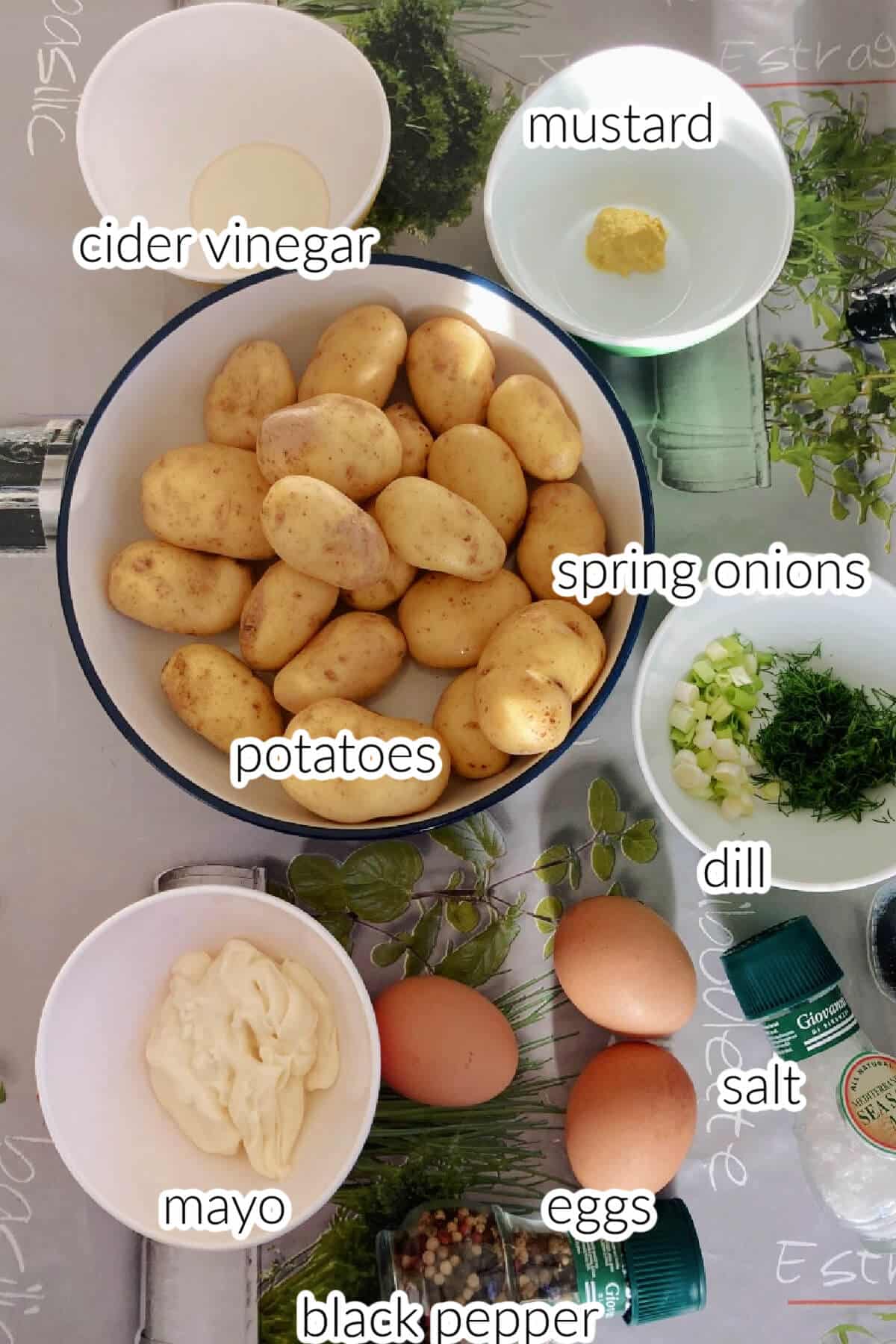 Ingredients needed to make delived egg potato salad.