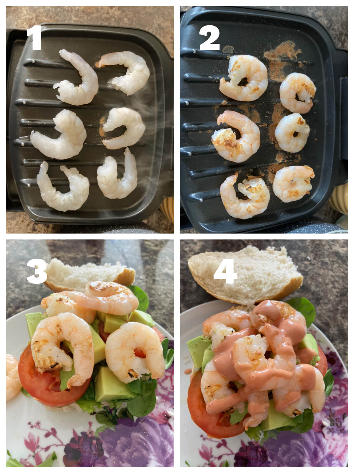 Collage of 4 photos to show how to make prawn burgers.