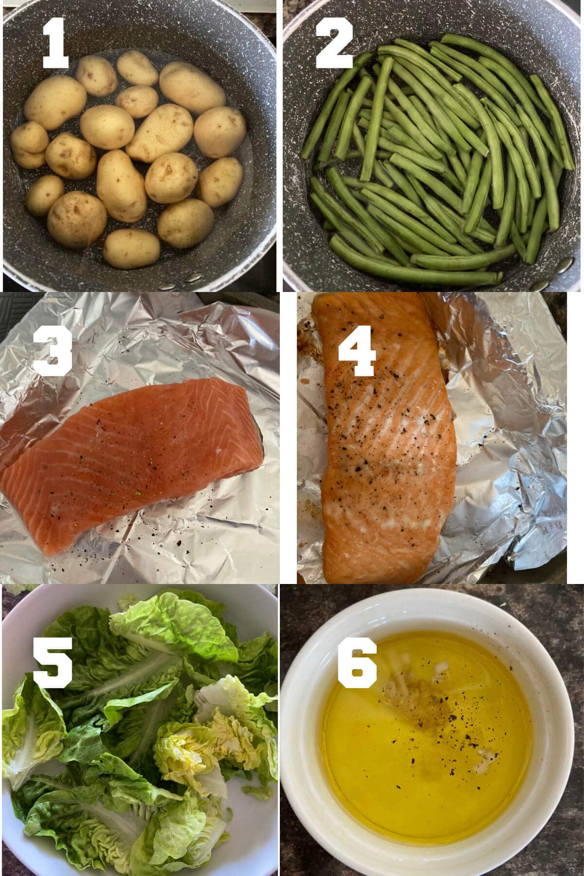 Collage of 6 photos to show how to make salmon nicoise.