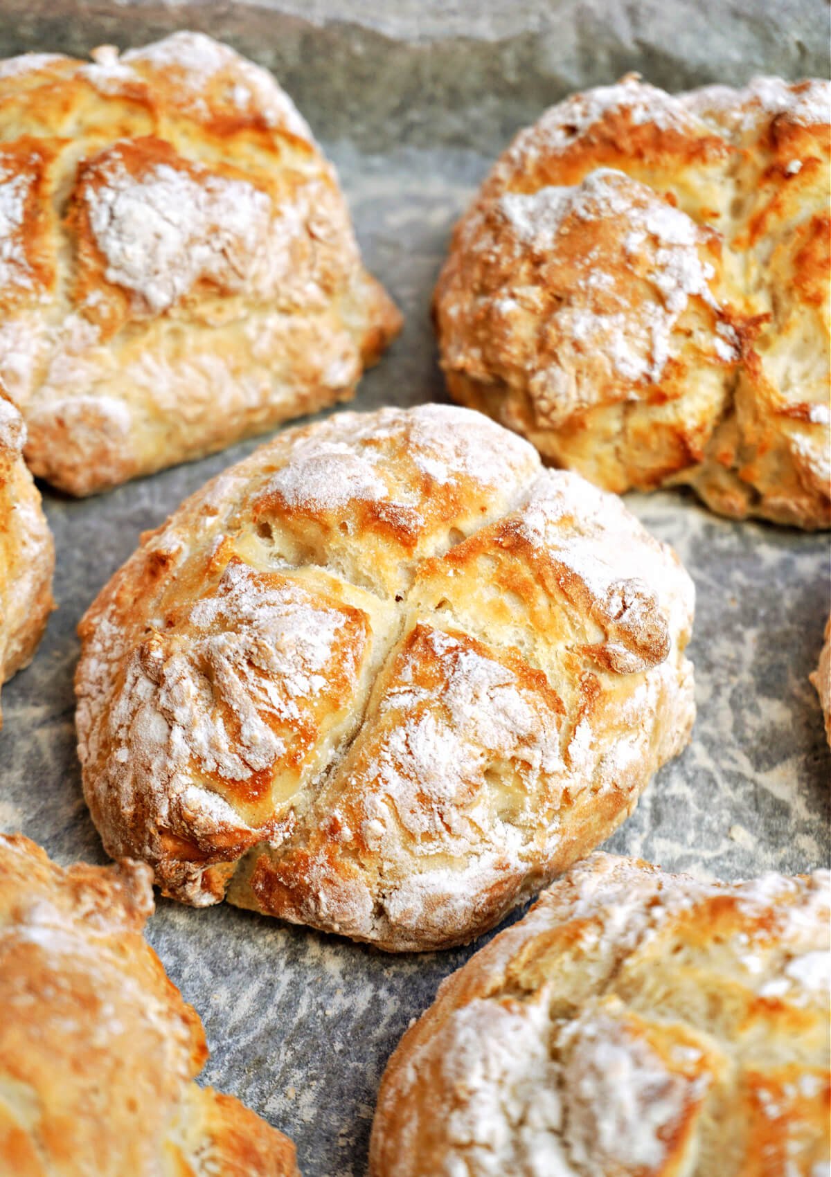 5 bread rolls on a baking paper.