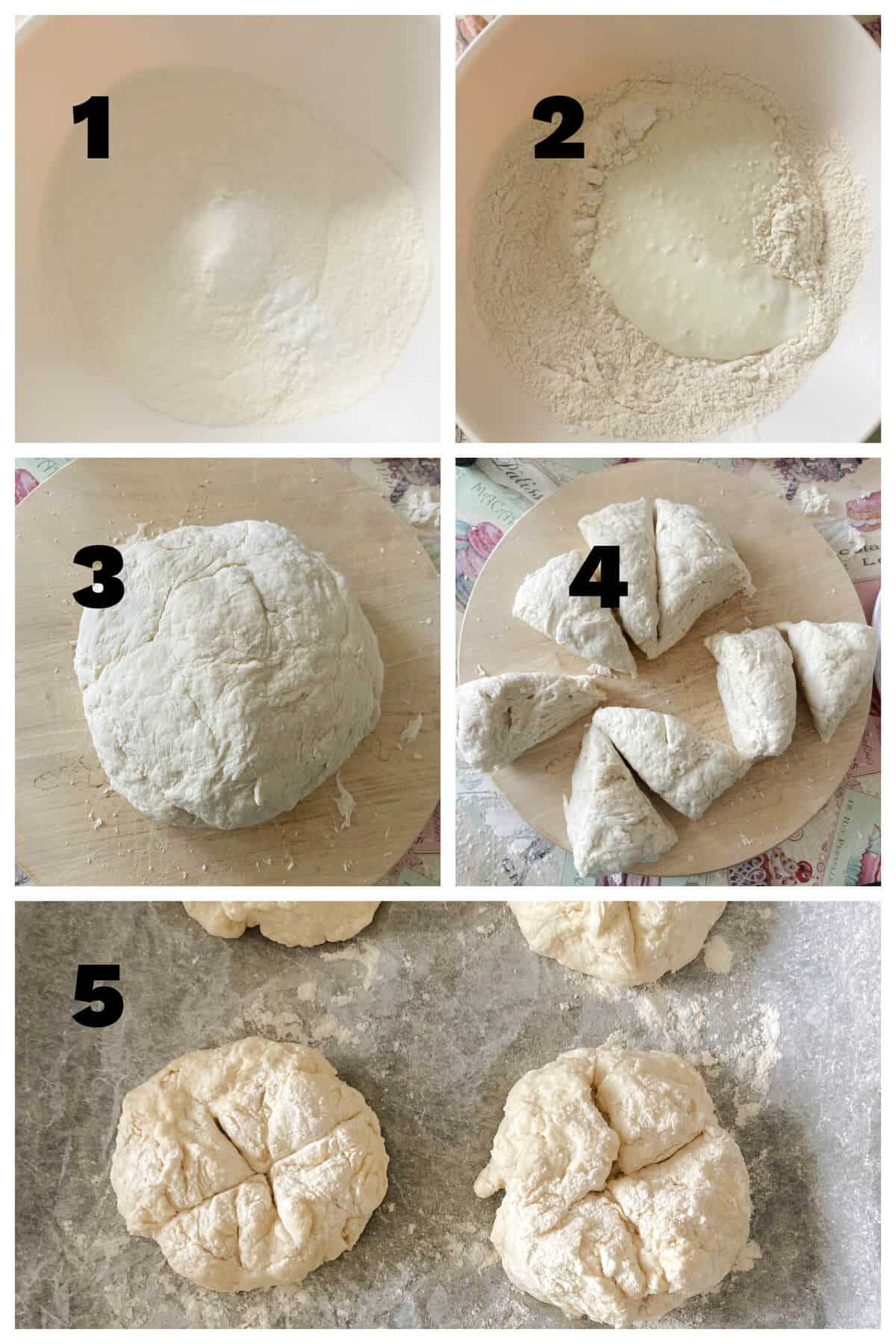 Collage of 5 photos to show how to make soda bread rolls.