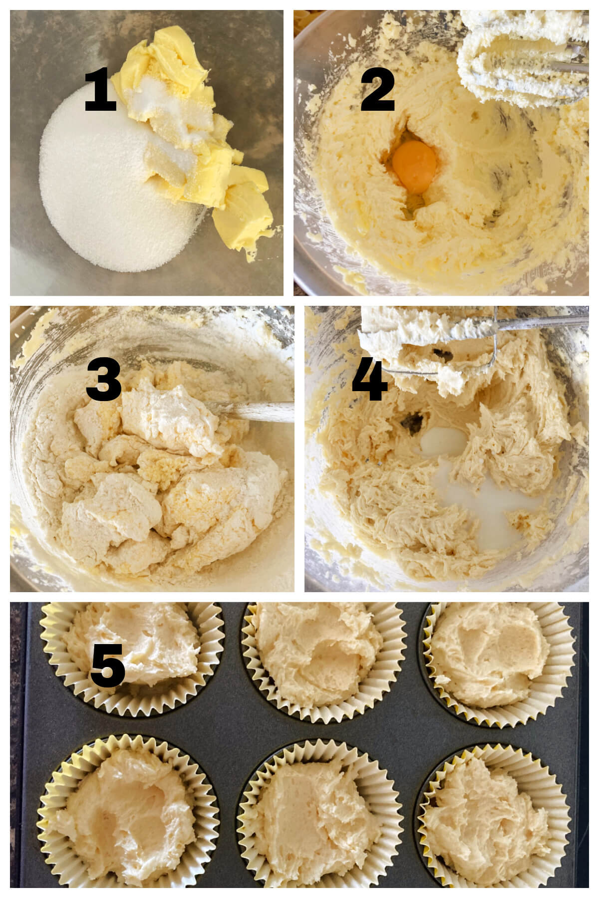 Collage of 5 photos to show how to make Victoria sponge cupcakes.