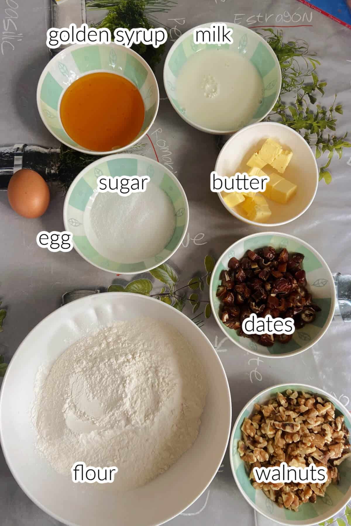 Ingredients used to make date and walnut cake.