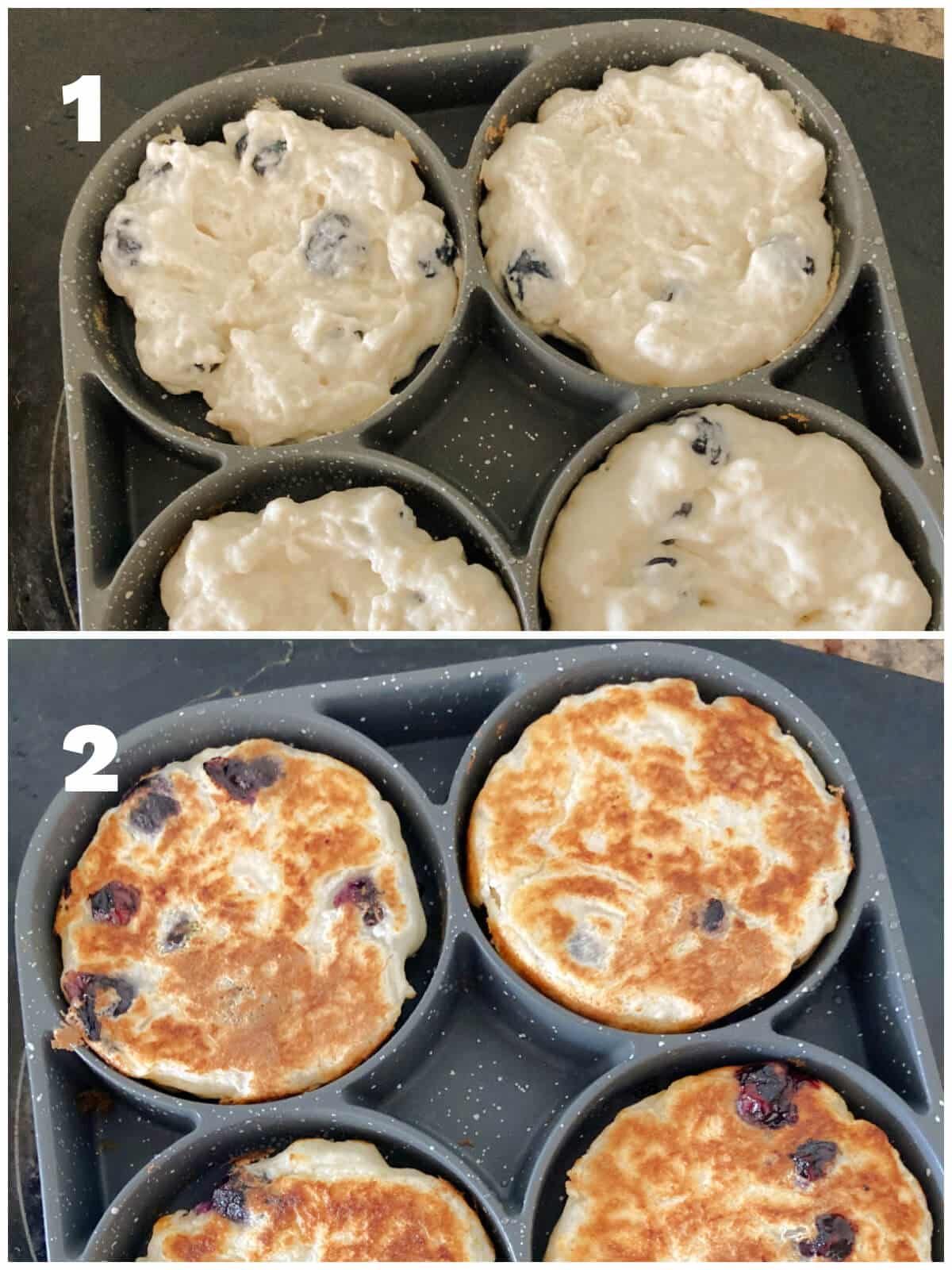 Collage of 2 photos to show how to make pancakes in a pancake pan.