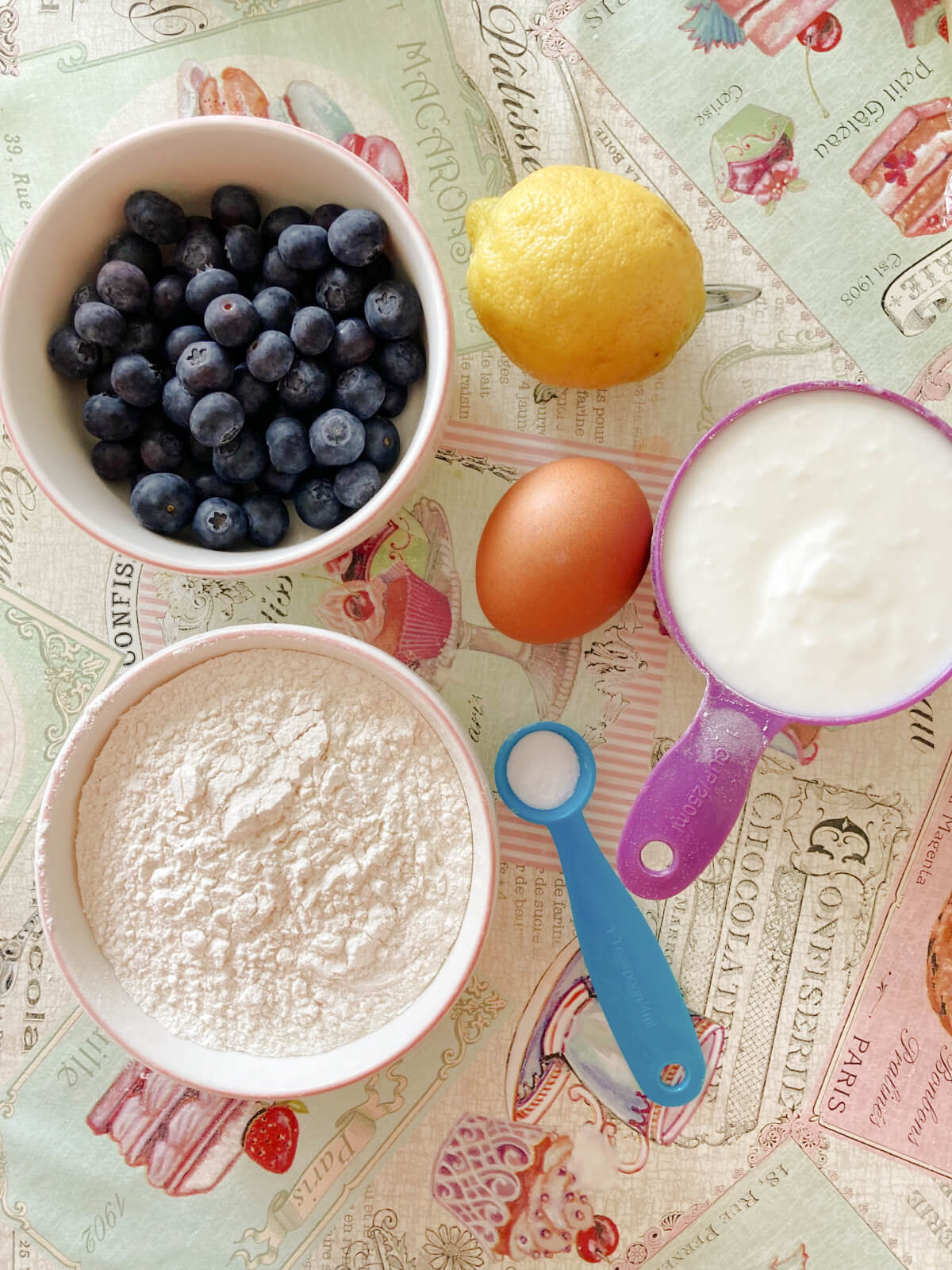 Overhead shoot of ingredients needed for blueberry pancakes.