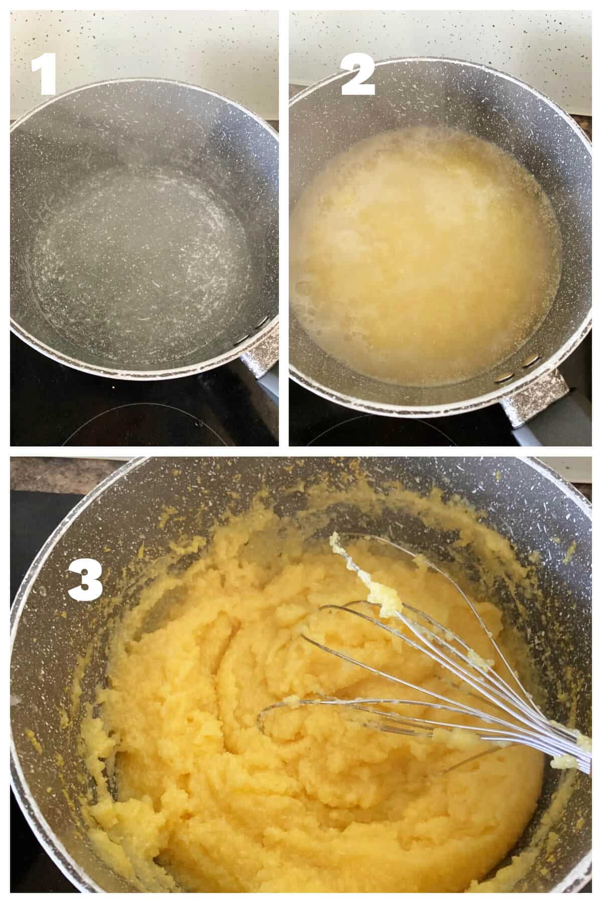 Collage of 3 photos to show how to make polenta.