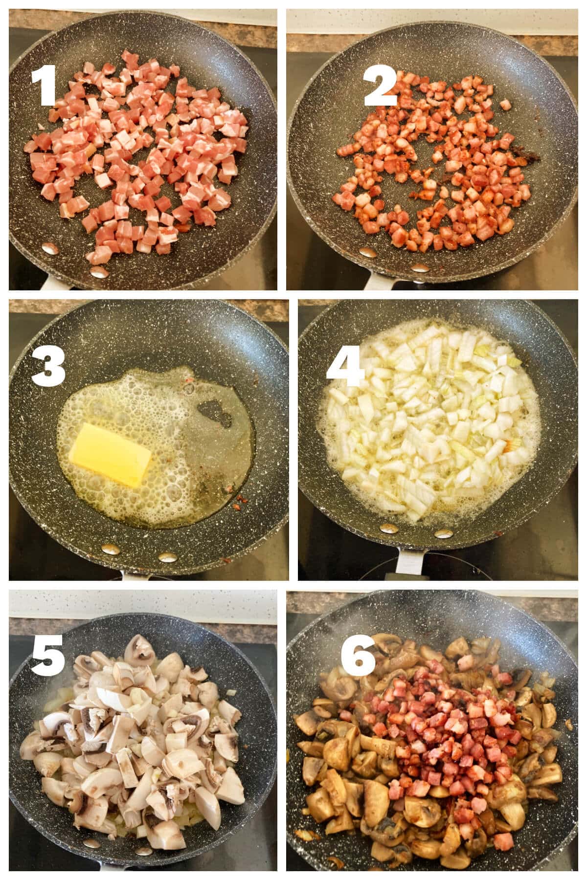 Collage of 6 photos to show how to make mushrooms and bacon.