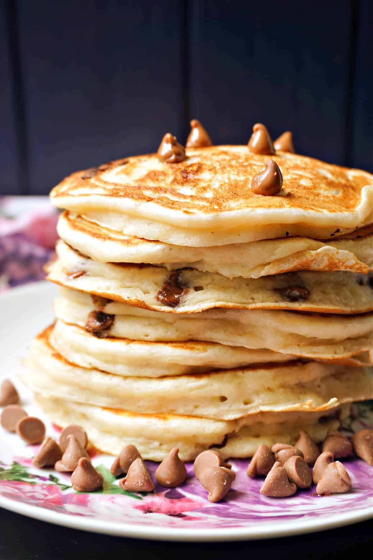 A stack of banana chocolate chip pancakes