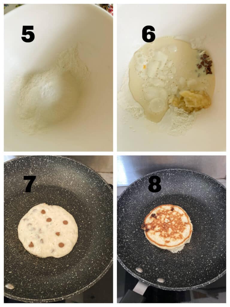 Collage of 4 photos to show how to make banana chocolate chip pancakes