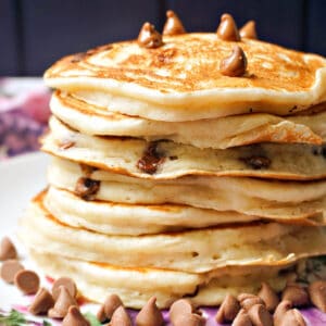 A stack of pancakes with chocolate chips