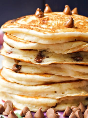 A stack of pancakes with chocolate chips