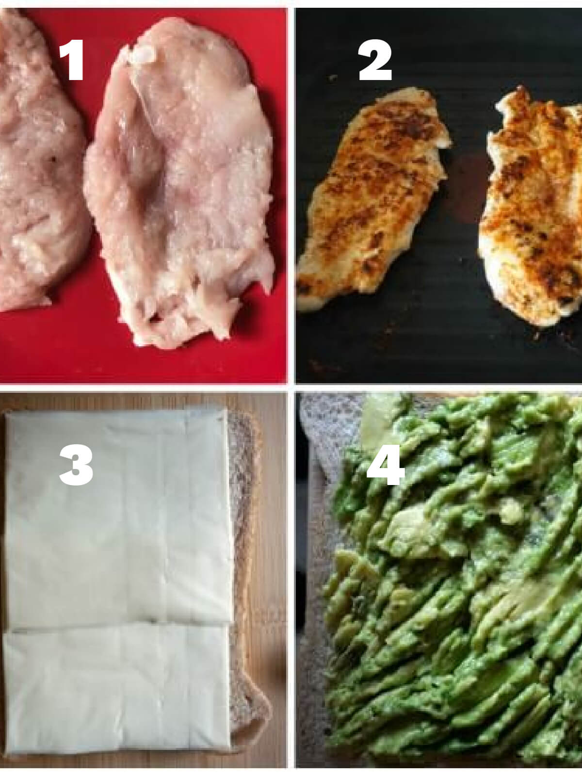 Collage of 4 photos to show how to make chicken avocado sandwich.