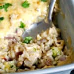 A dish with chicken and rice casserole.