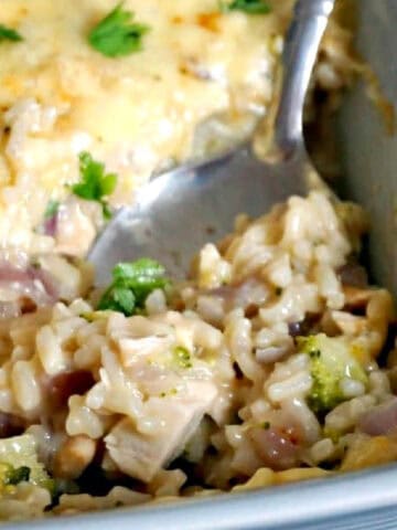 A dish with chicken and rice casserole.