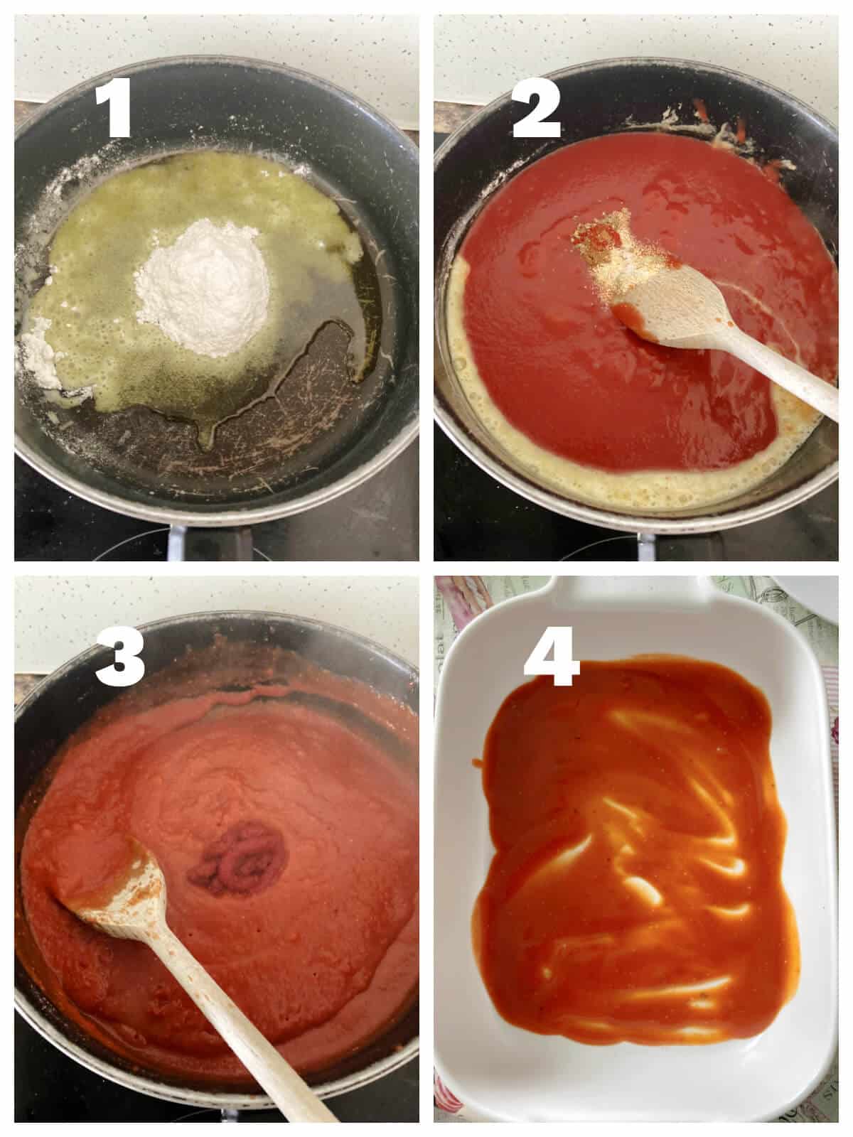 Collage of 4 photos to show how to make enchilada sauce