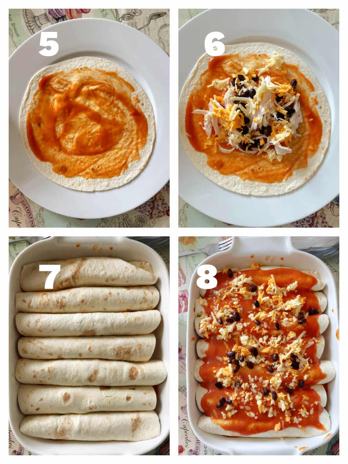 Collage of 4 photos to show how to assemble enchiladas