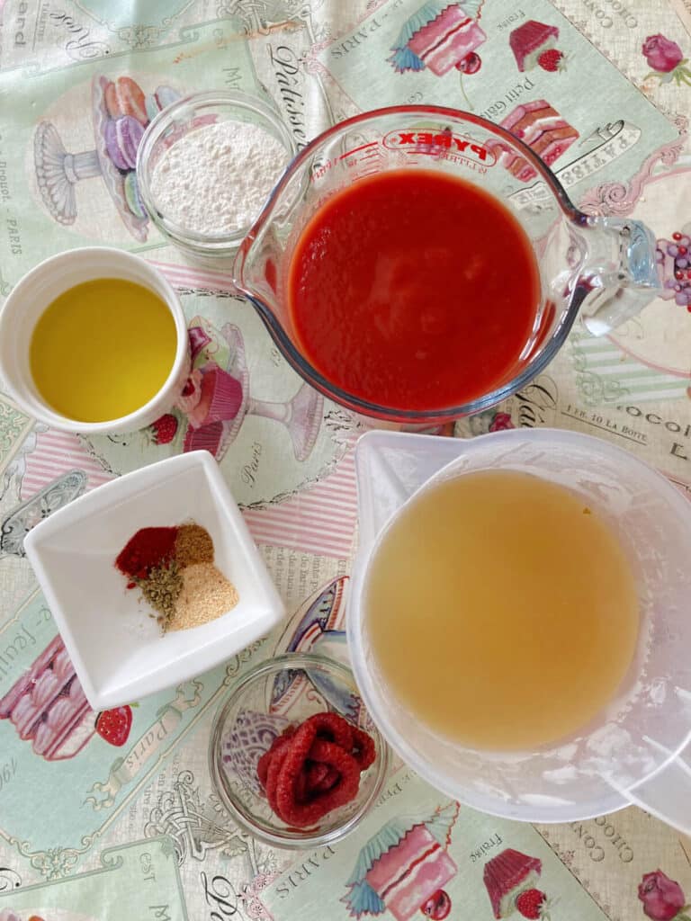 Overhead shoot of ingredients needed for enchilada sauce