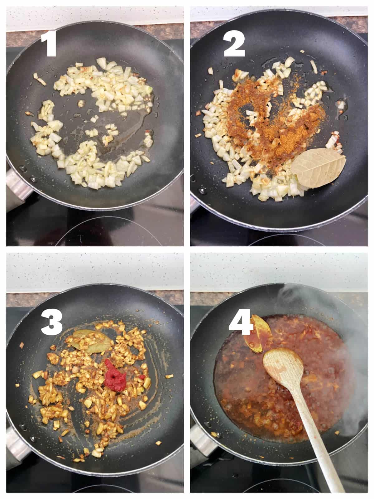 Collage of 4 photos to show how to make coronation chicken sauce.