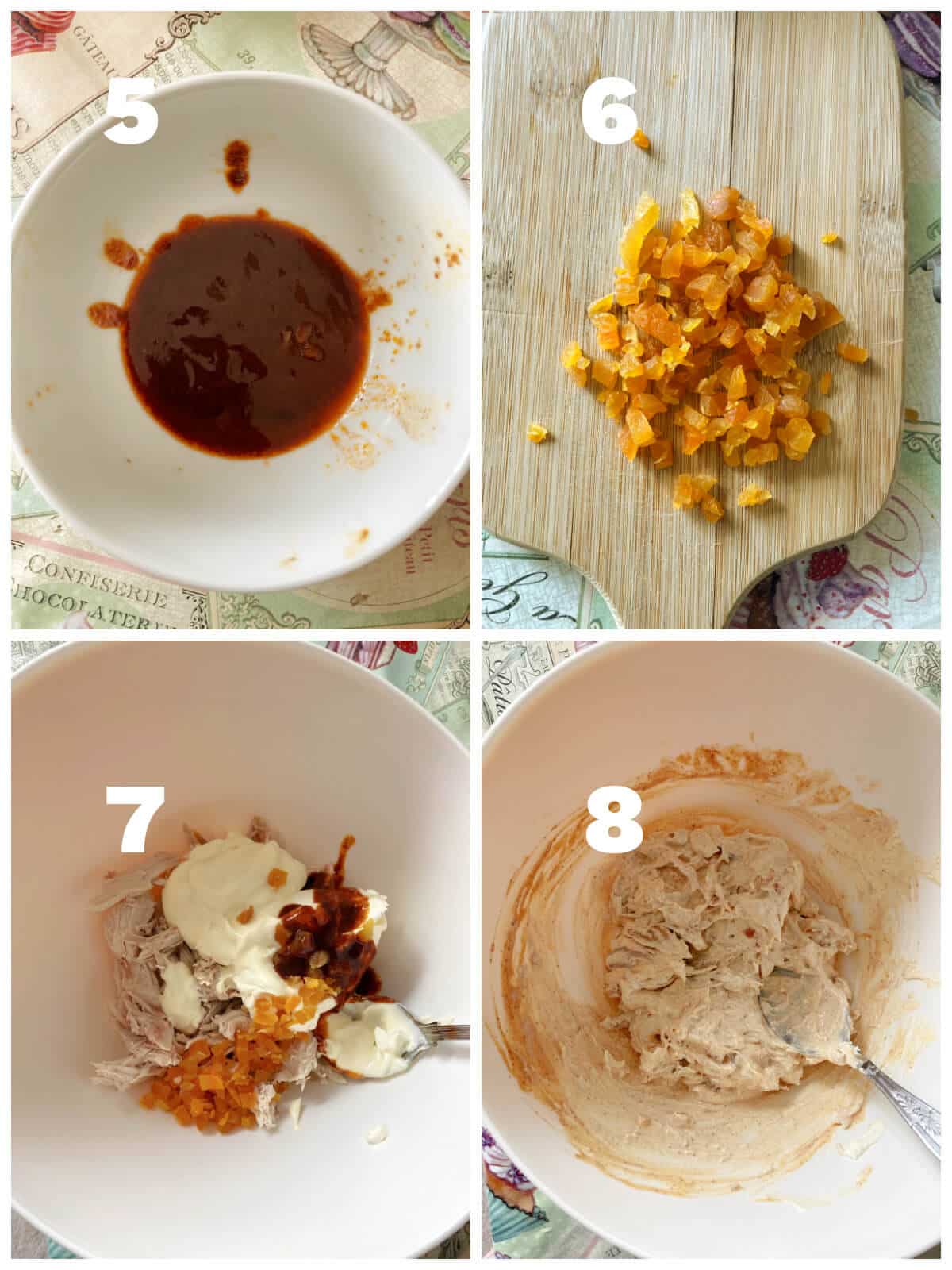 Collage of 4 photos to show how to make coronation chicken.
