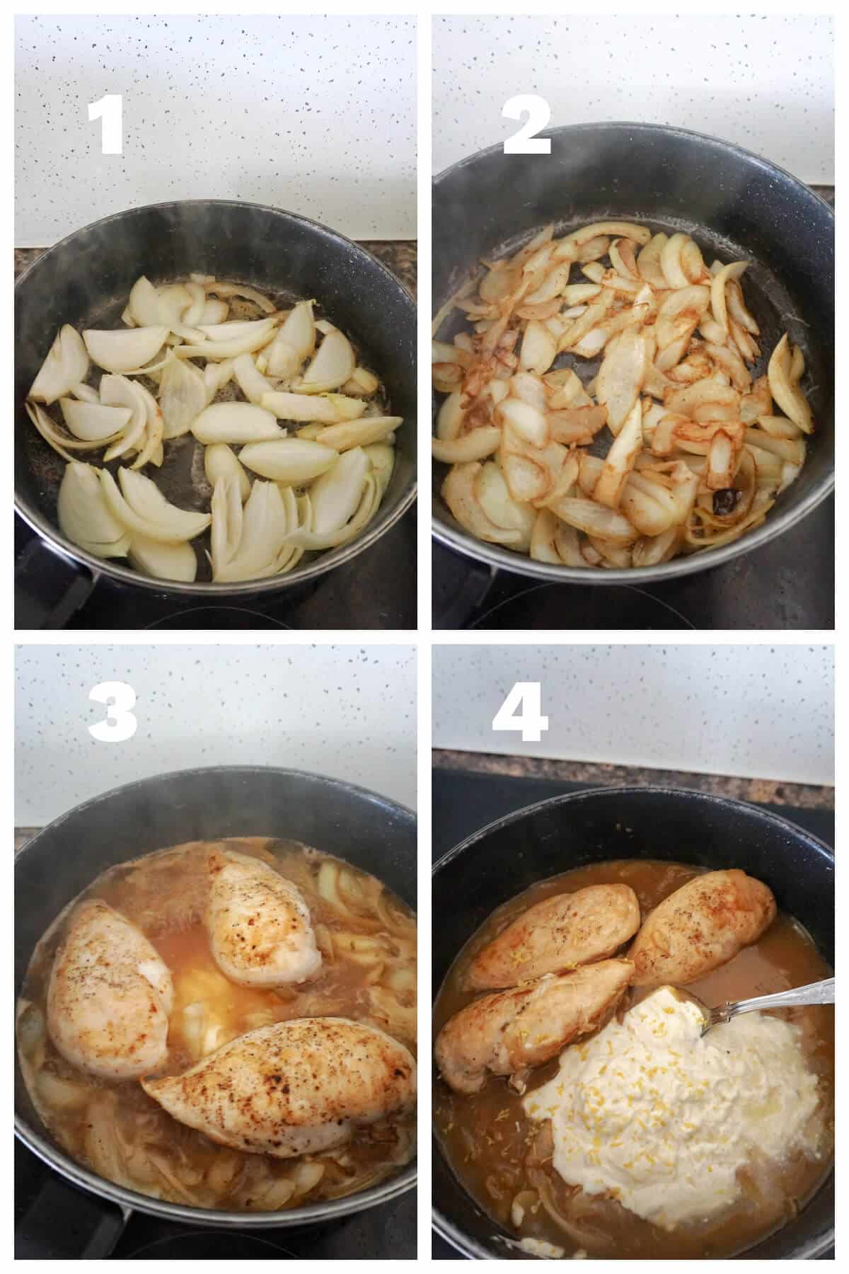 Collage of 4 photos to show how to make creamy lemon chicken.