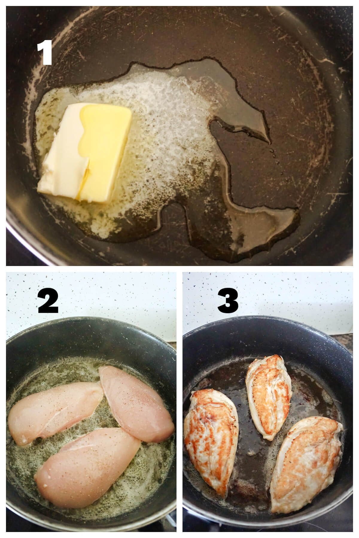 Collage of 3 photos to show how to sear the chicken breasts.