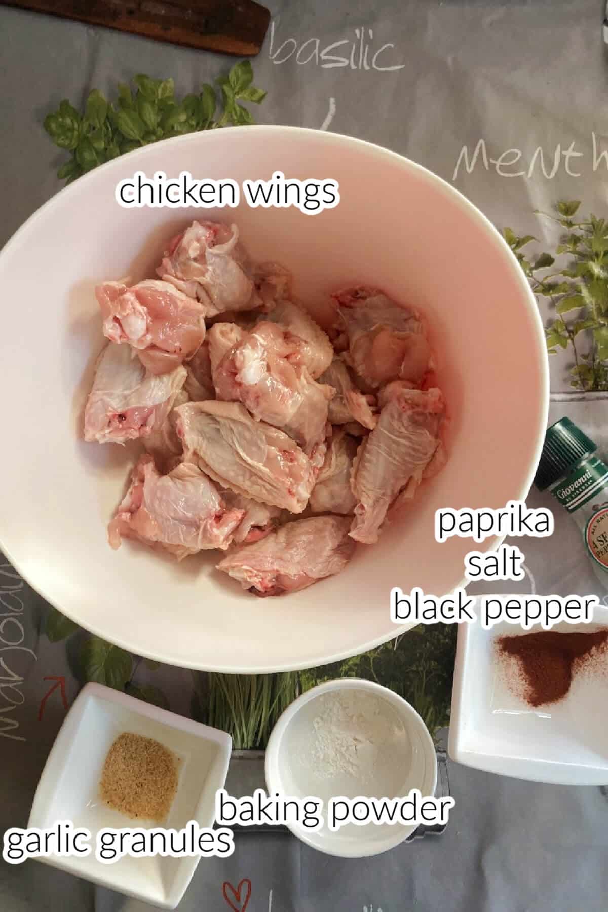 Ingredients needed to make chicken wings.