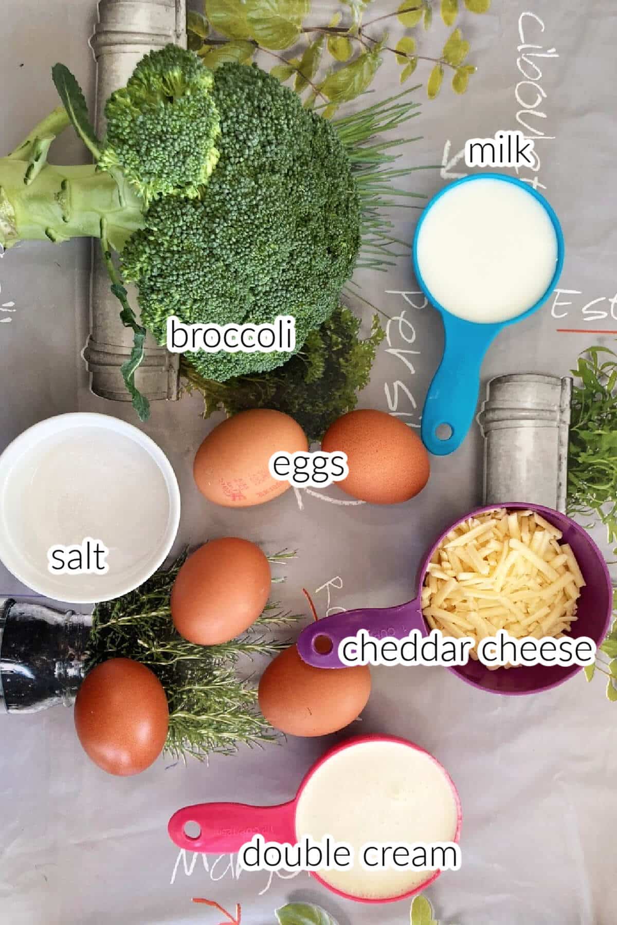 Ingredients needed to make crustless quiche with broccoli and cheddar.